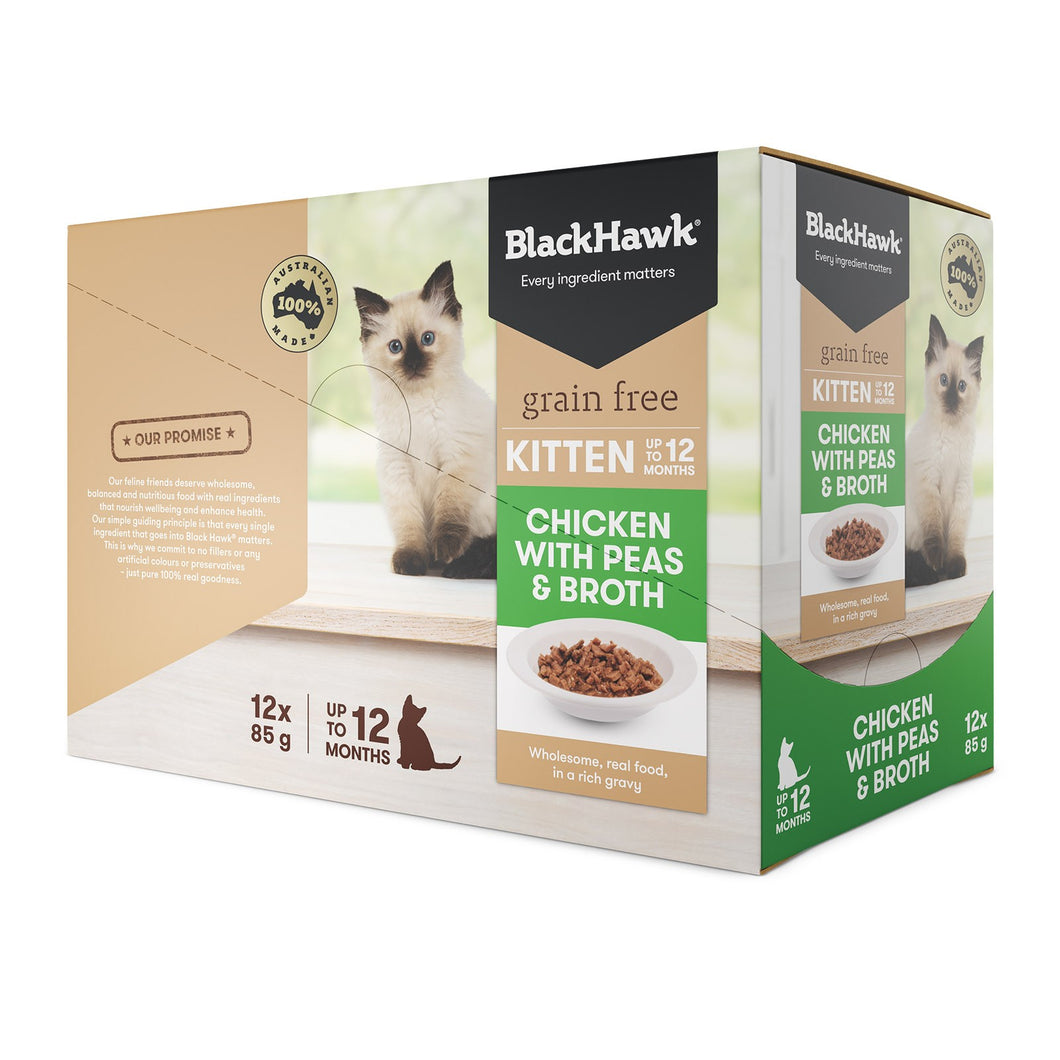 Pack of BLACK HAWK FELINE KITTEN CHICKEN, PEA & BROTH 85GX12