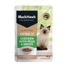 Load image into Gallery viewer, Pack of BLACK HAWK FELINE KITTEN CHICKEN, PEA &amp; BROTH 85GX12