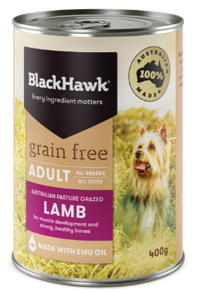 Pack of BLACK HAWK WET GRAIN FREE LAMB 400G X 12