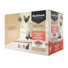 Load image into Gallery viewer, Pack of BLACK HAWK FELINE MATURE CHICKEN &amp; SALMON 85GX12