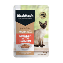 Load image into Gallery viewer, Pack of BLACK HAWK FELINE MATURE CHICKEN &amp; SALMON 85GX12